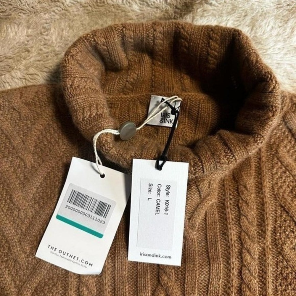 Iris & Ink Camel Brown Cable Knit Turtleneck Sweater Elbow Sleeve - Picture 4 of 9